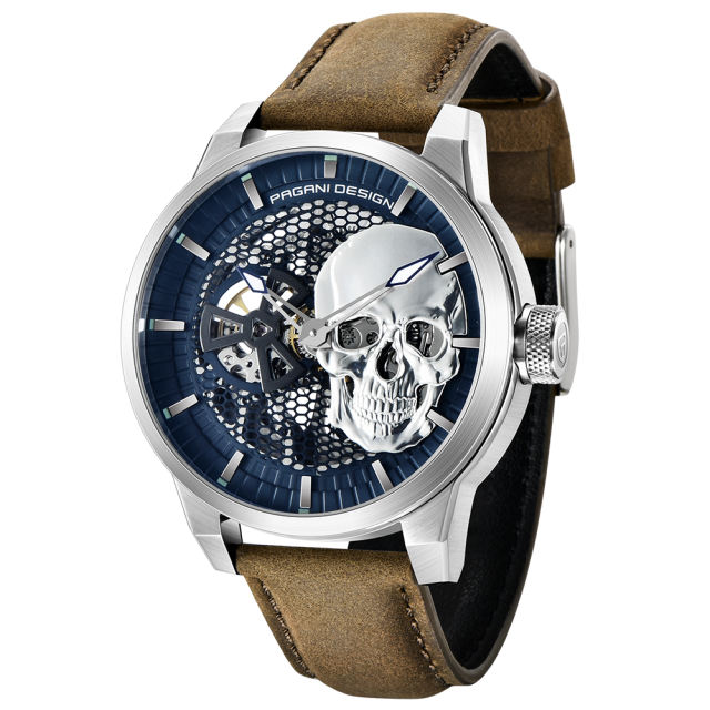 PAGANI DESIGN Men's Watches Skeleton Automatic Mechanical Wrist Watch for Men Genuine Leather Stainless Steel Skull Dial Wristwatch