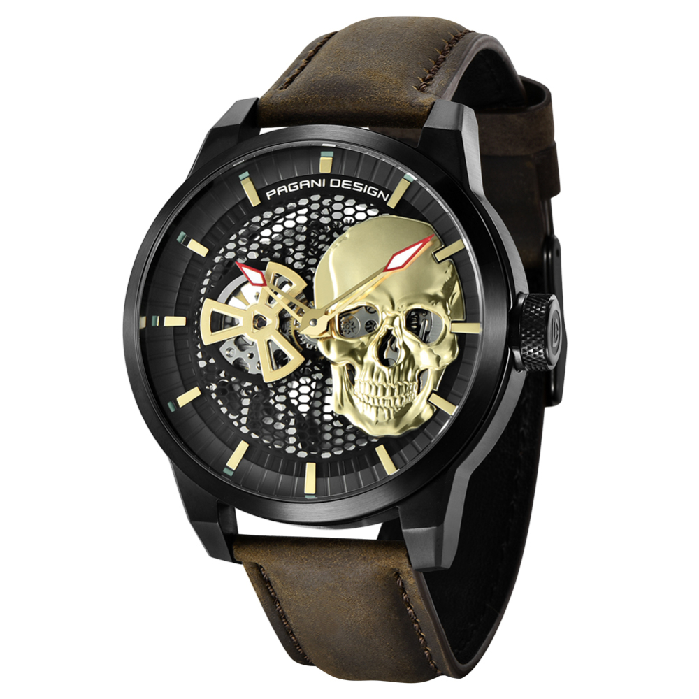 PAGANI DESIGN Men's Watches Skeleton Automatic Mechanical Wrist Watch for Men Genuine Leather Stainless Steel Skull Dial Wristwatch