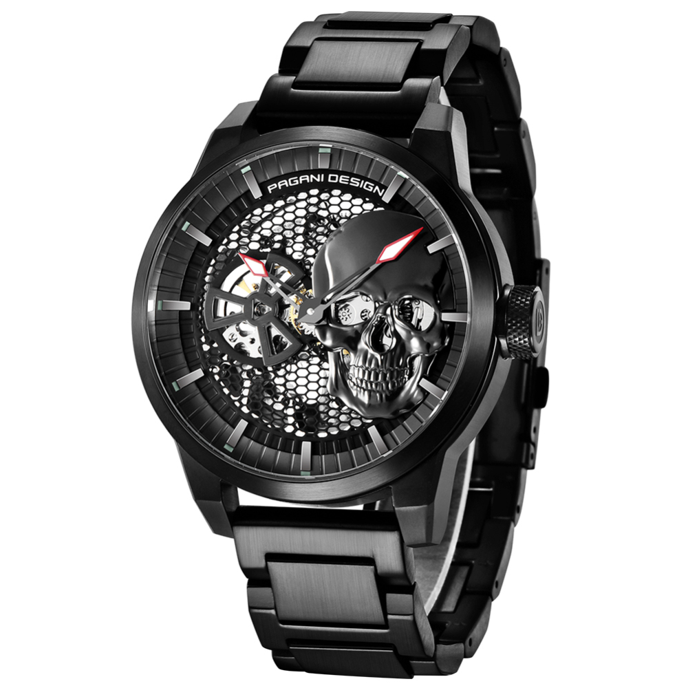PAGANI DESIGN Men's Watches Skeleton Automatic Mechanical Wrist Watch for Men Genuine Leather Stainless Steel Skull Dial Wristwatch