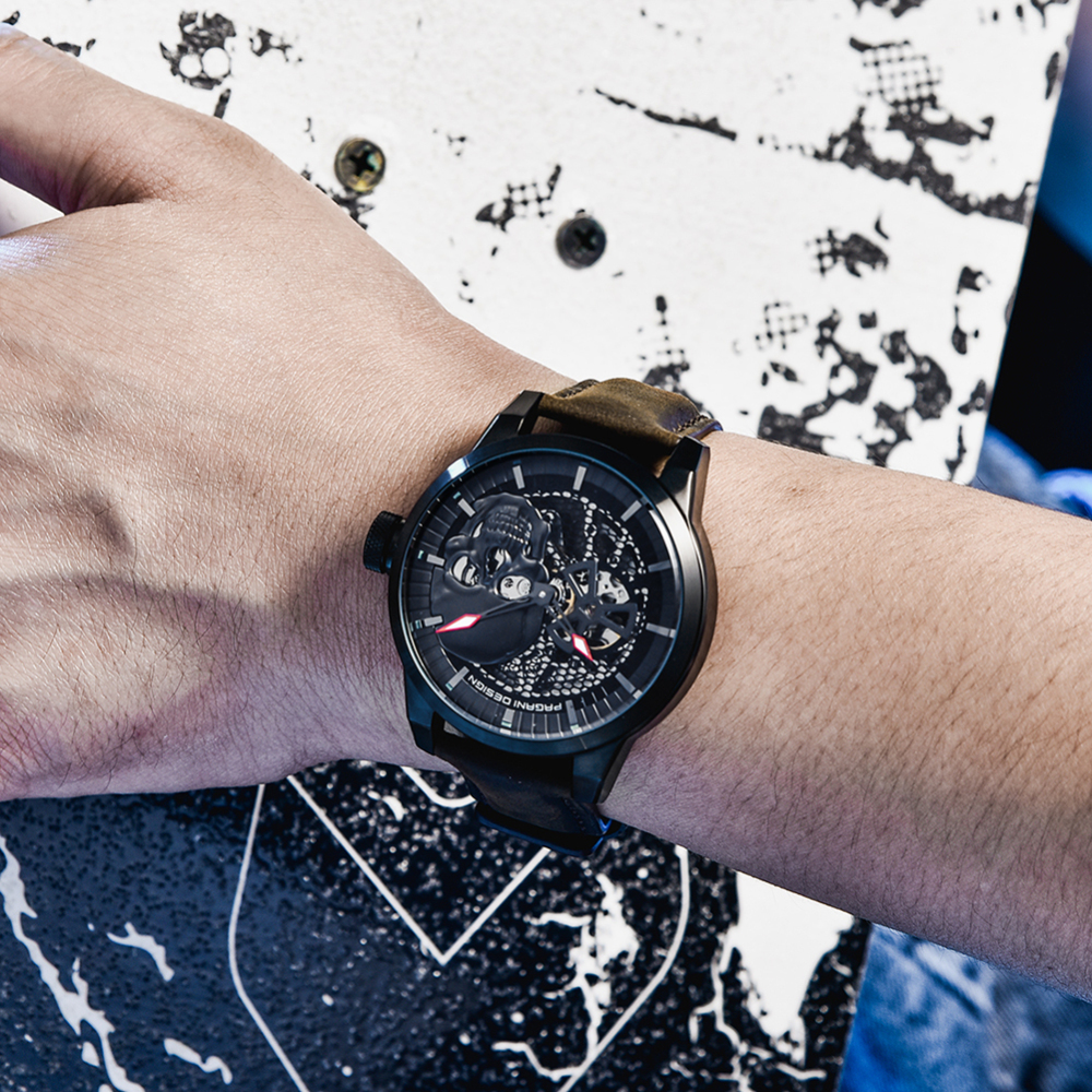 PAGANI DESIGN Men's Watches Skeleton Automatic Mechanical Wrist Watch for Men Genuine Leather Stainless Steel Skull Dial Wristwatch