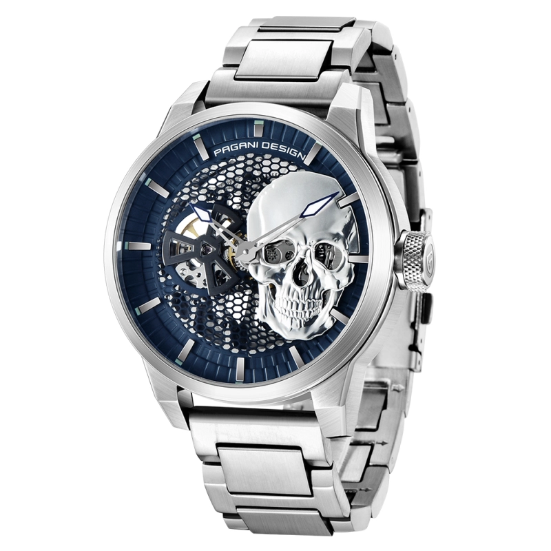 PAGANI DESIGN Men's Watches Skeleton Automatic Mechanical Wrist Watch for Men Genuine Leather Stainless Steel Skull Dial Wristwatch