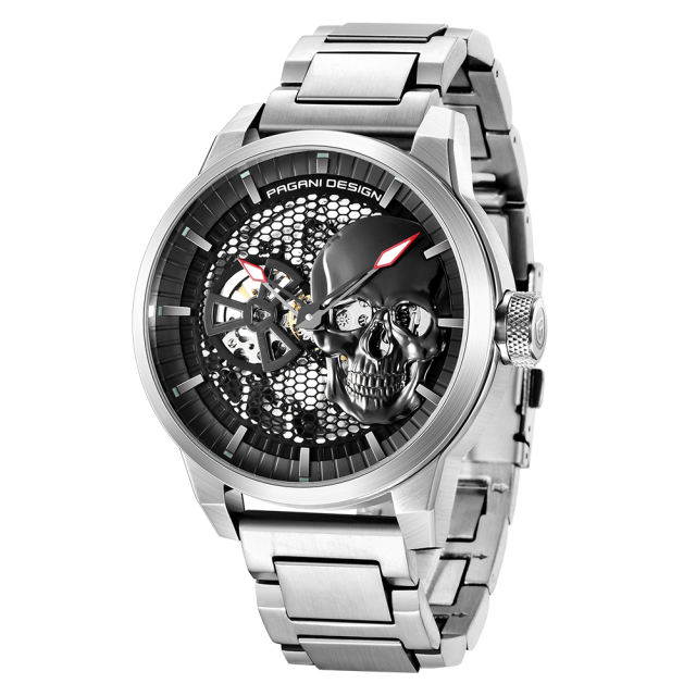 PAGANI DESIGN Men's Watches Skeleton Automatic Mechanical Wrist Watch for Men Genuine Leather Stainless Steel Skull Dial Wristwatch