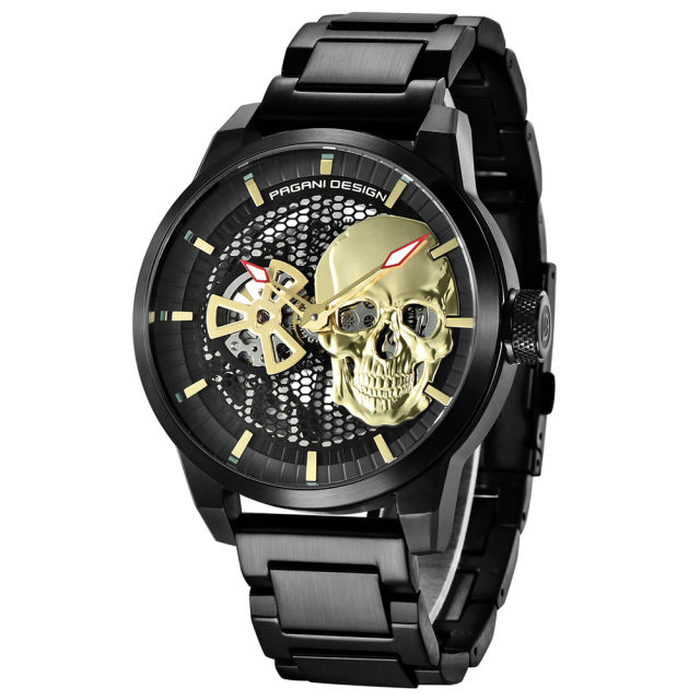 PAGANI DESIGN Men's Watches Skeleton Automatic Mechanical Wrist Watch for Men Genuine Leather Stainless Steel Skull Dial Wristwatch