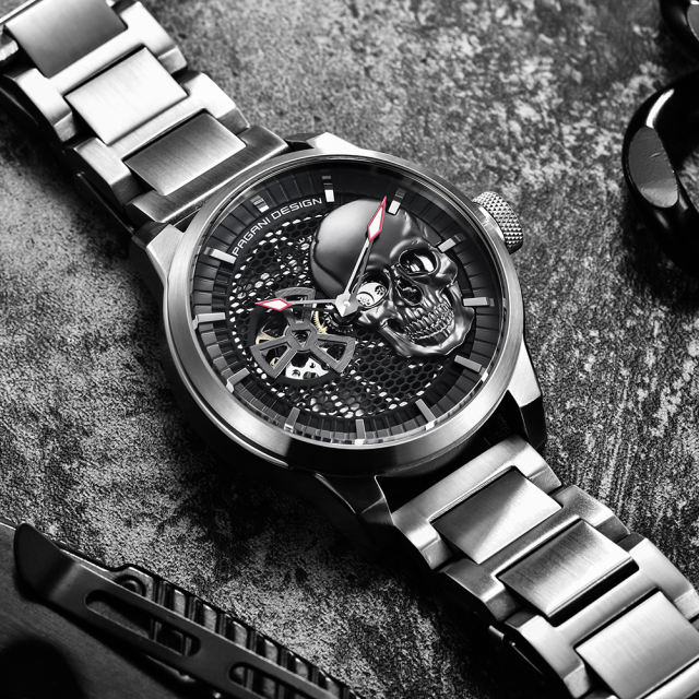 PAGANI DESIGN Men's Watches Skeleton Automatic Mechanical Wrist Watch for Men Genuine Leather Stainless Steel Skull Dial Wristwatch