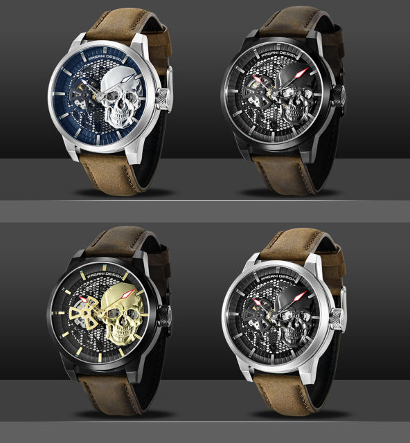 PAGANI DESIGN Men's Watches Skeleton Automatic Mechanical Wrist Watch for Men Genuine Leather Stainless Steel Skull Dial Wristwatch