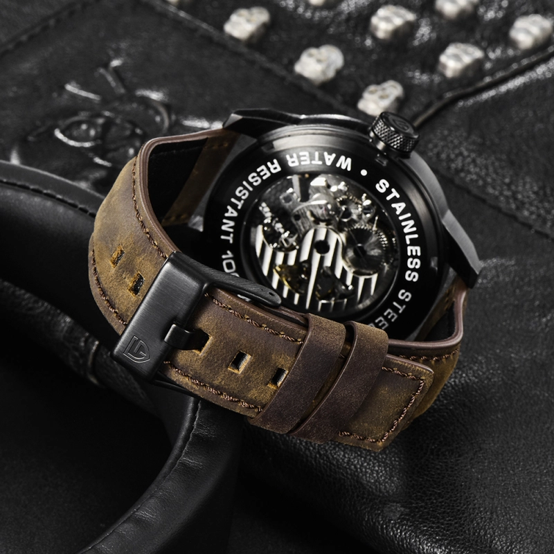 PAGANI DESIGN Men's Watches Skeleton Automatic Mechanical Wrist Watch for Men Genuine Leather Stainless Steel Skull Dial Wristwatch