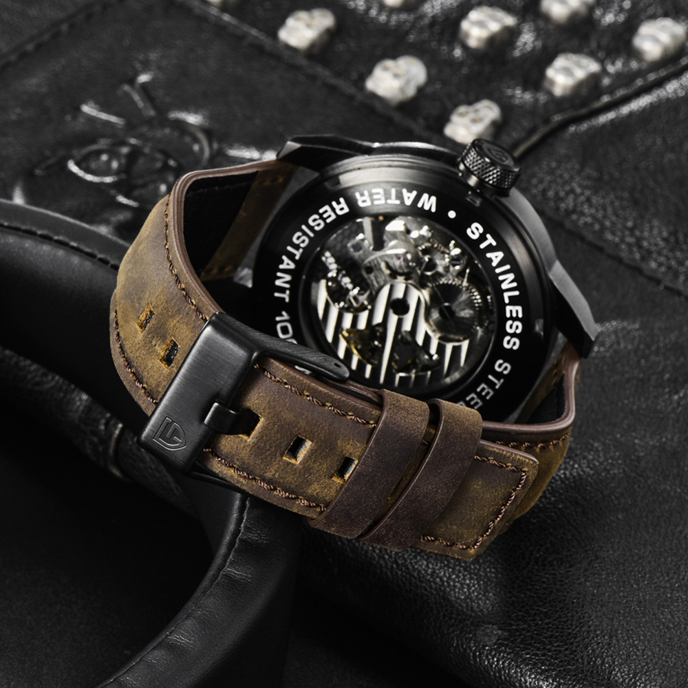 PAGANI DESIGN Men's Watches Skeleton Automatic Mechanical Wrist Watch for Men Genuine Leather Stainless Steel Skull Dial Wristwatch