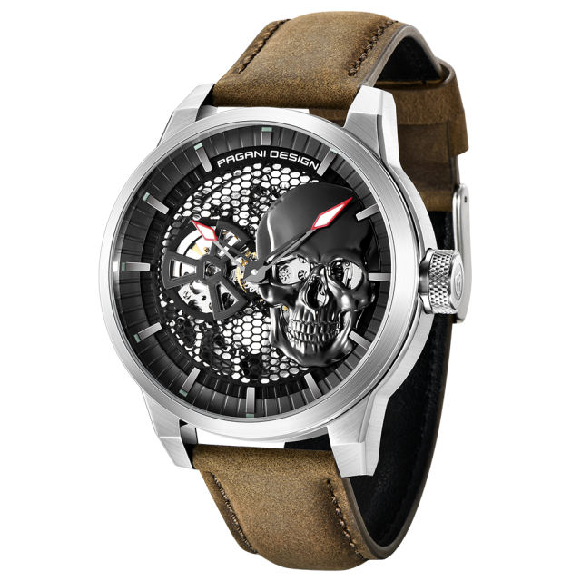 PAGANI DESIGN Men's Watches Skeleton Automatic Mechanical Wrist Watch for Men Genuine Leather Stainless Steel Skull Dial Wristwatch