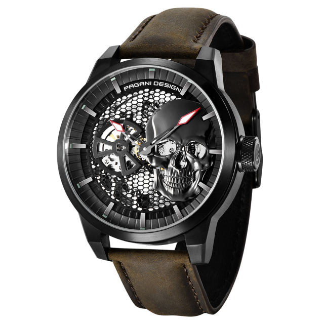 PAGANI DESIGN Men's Watches Skeleton Automatic Mechanical Wrist Watch for Men Genuine Leather Stainless Steel Skull Dial Wristwatch