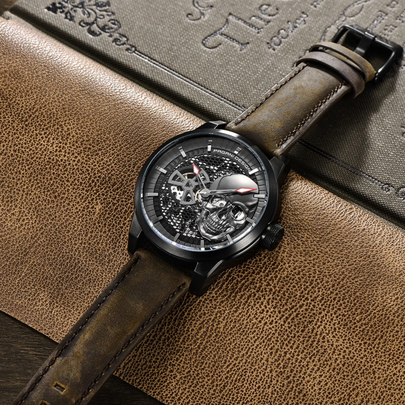 PAGANI DESIGN Men's Watches Skeleton Automatic Mechanical Wrist Watch for Men Genuine Leather Stainless Steel Skull Dial Wristwatch