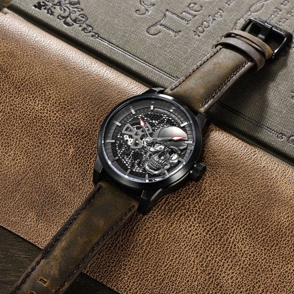 PAGANI DESIGN Men's Watches Skeleton Automatic Mechanical Wrist Watch for Men Genuine Leather Stainless Steel Skull Dial Wristwatch