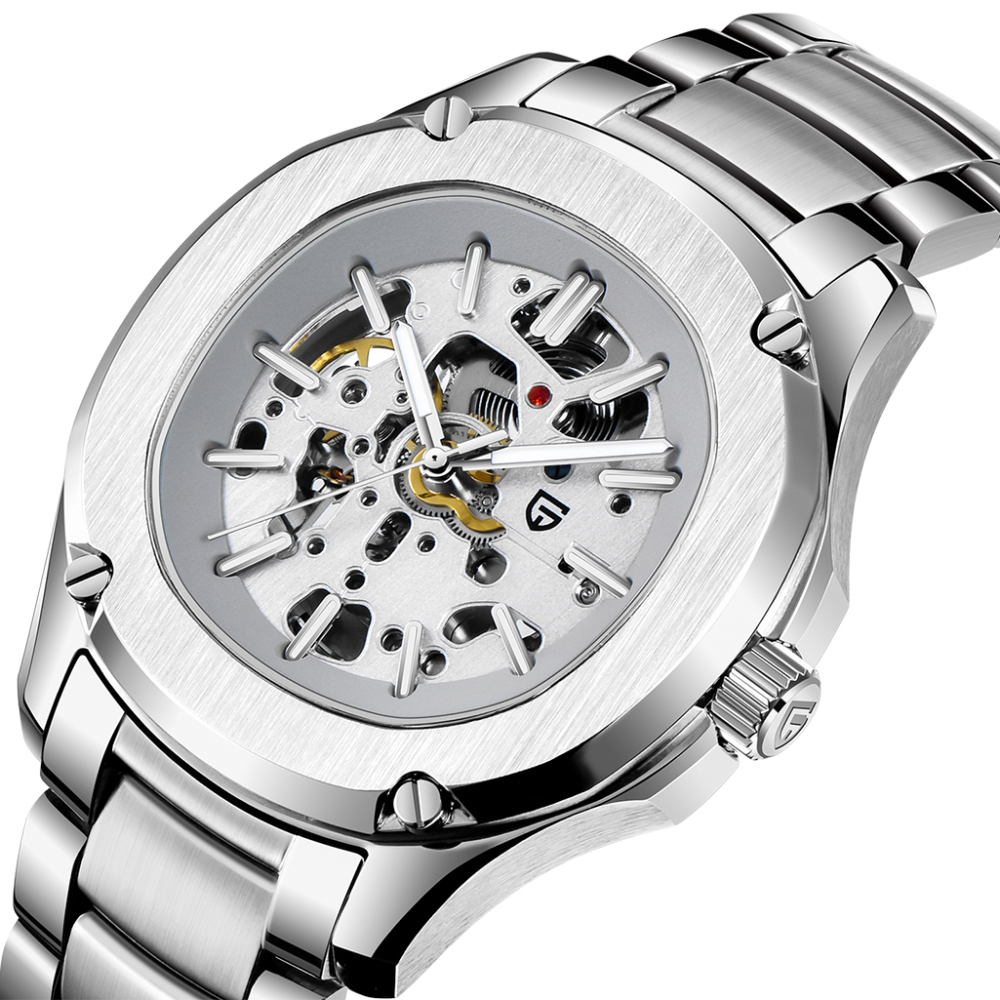 PAGANI DESIGN Skeleton Automatic Men's Watches 100M Waterproof full Stainless Steel Wrist Watch for Men Sapphire Dial Glass Deployment Clasp