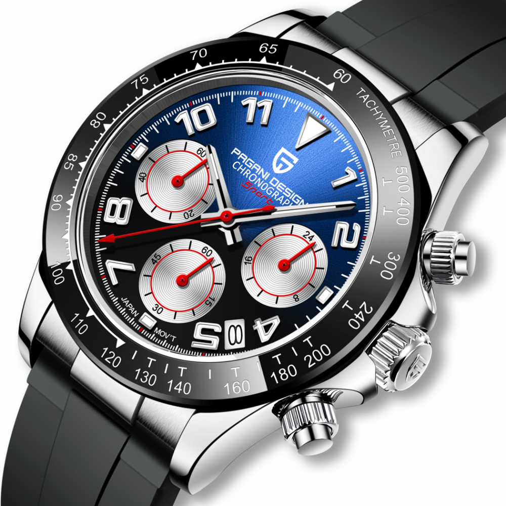 PAGANI DESIGN Men's Watches Classic Sports Chronograph Quartz Watches for Men Silicone Waterproof Ceramic Bezel Men's Watches VK63 Movement