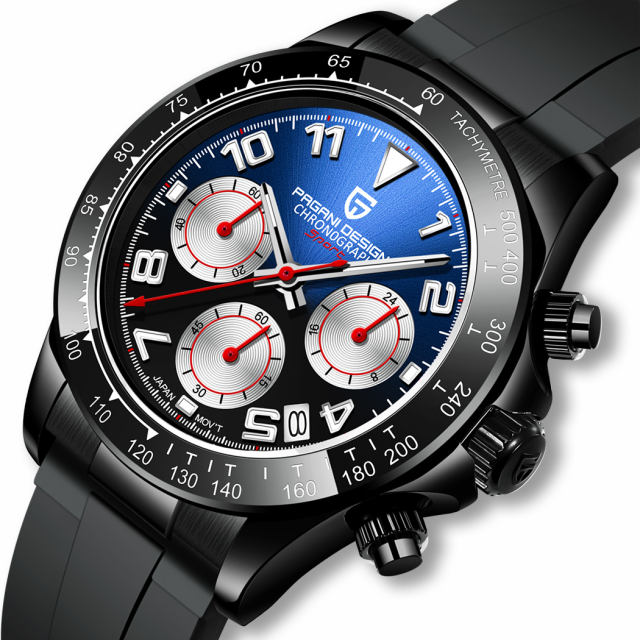 PAGANI DESIGN Men's Watches Classic Sports Chronograph Quartz Watches for Men Silicone Waterproof Ceramic Bezel Men's Watches VK63 Movement