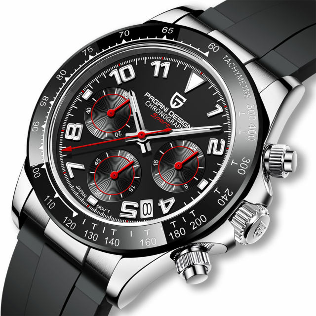 PAGANI DESIGN Men's Watches Classic Sports Chronograph Quartz Watches for Men Silicone Waterproof Ceramic Bezel Men's Watches VK63 Movement