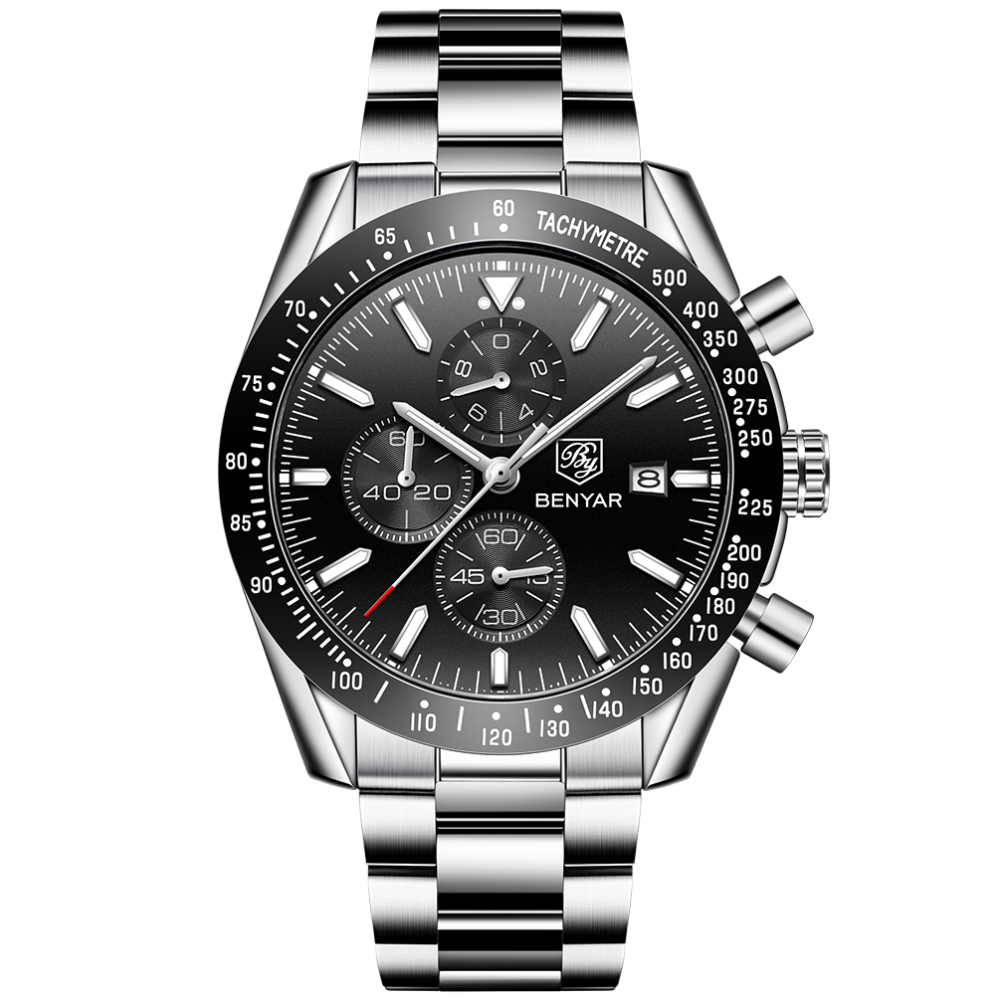 BENYAR Men's Watches Waterproof Stainless Steel Wrist Watch with Silicone Watchband Chronograph Auto Date