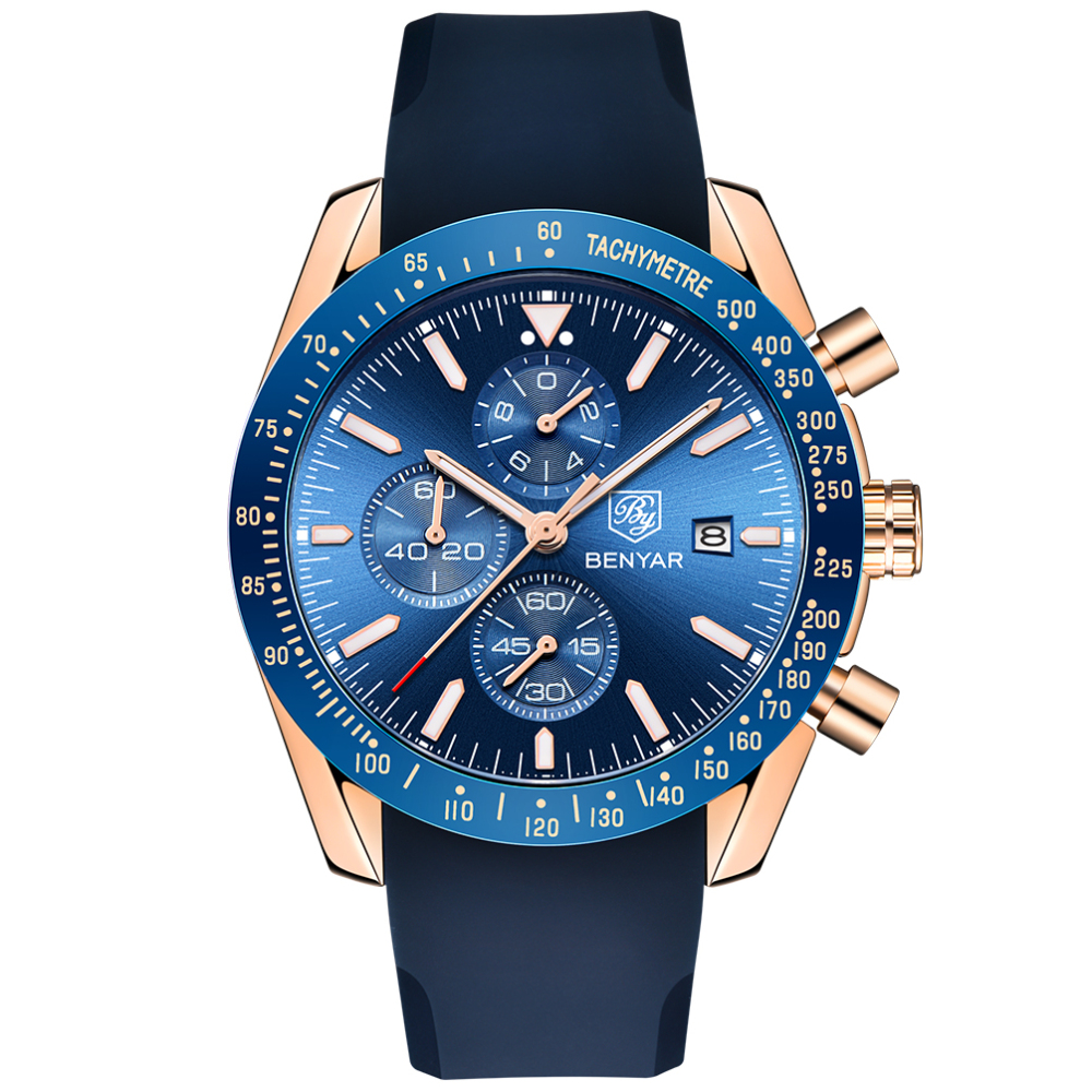 BENYAR Men's Watches Waterproof Stainless Steel Wrist Watch with Silicone Watchband Chronograph Auto Date