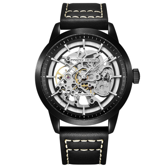 PAGANI DESIGN Luxury Automatic Men's Watches 100M Waterproof Skeleton Wrist Watch with Stainless Steel Case Soft Leather Watchband