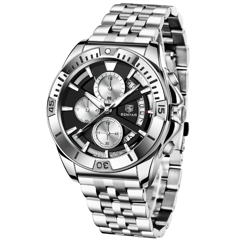 BENAYR New Men's Watches Stainless Steel Waterproof Business Wrist Watches for Men Chronograph Auto Date Wristwatch