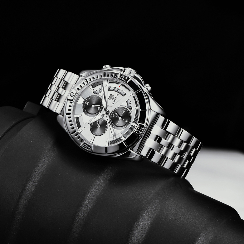 BENAYR New Men's Watches Stainless Steel Waterproof Business Wrist Watches for Men Chronograph Auto Date Wristwatch