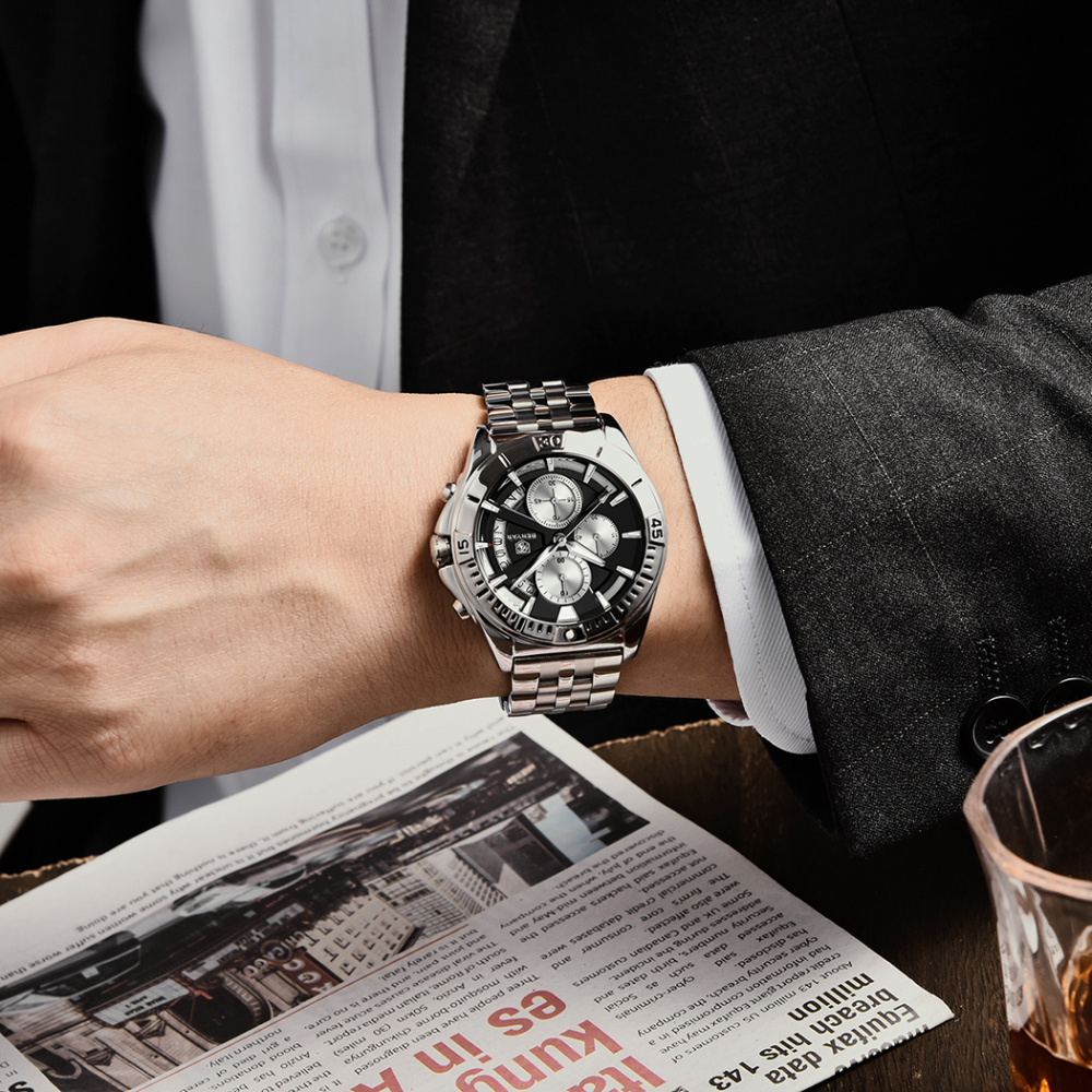 BENAYR New Men's Watches Stainless Steel Waterproof Business Wrist Watches for Men Chronograph Auto Date Wristwatch