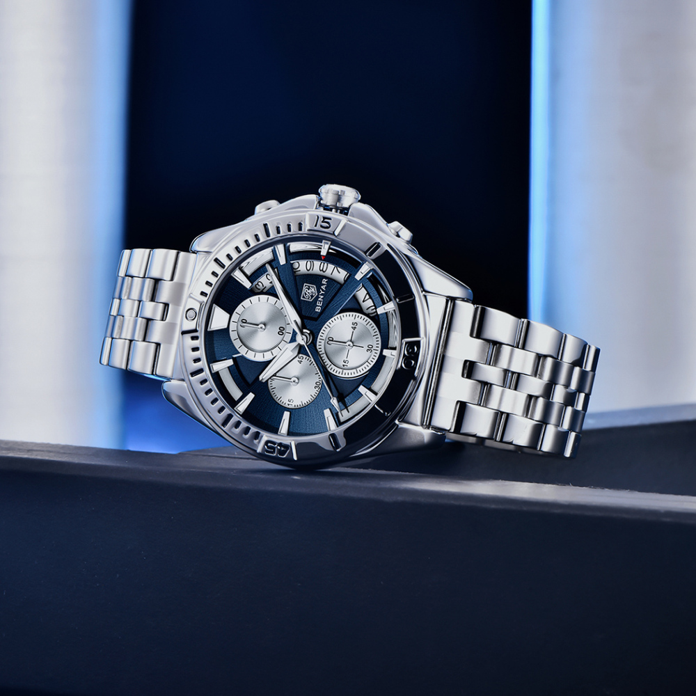 BENAYR New Men's Watches Stainless Steel Waterproof Business Wrist Watches for Men Chronograph Auto Date Wristwatch