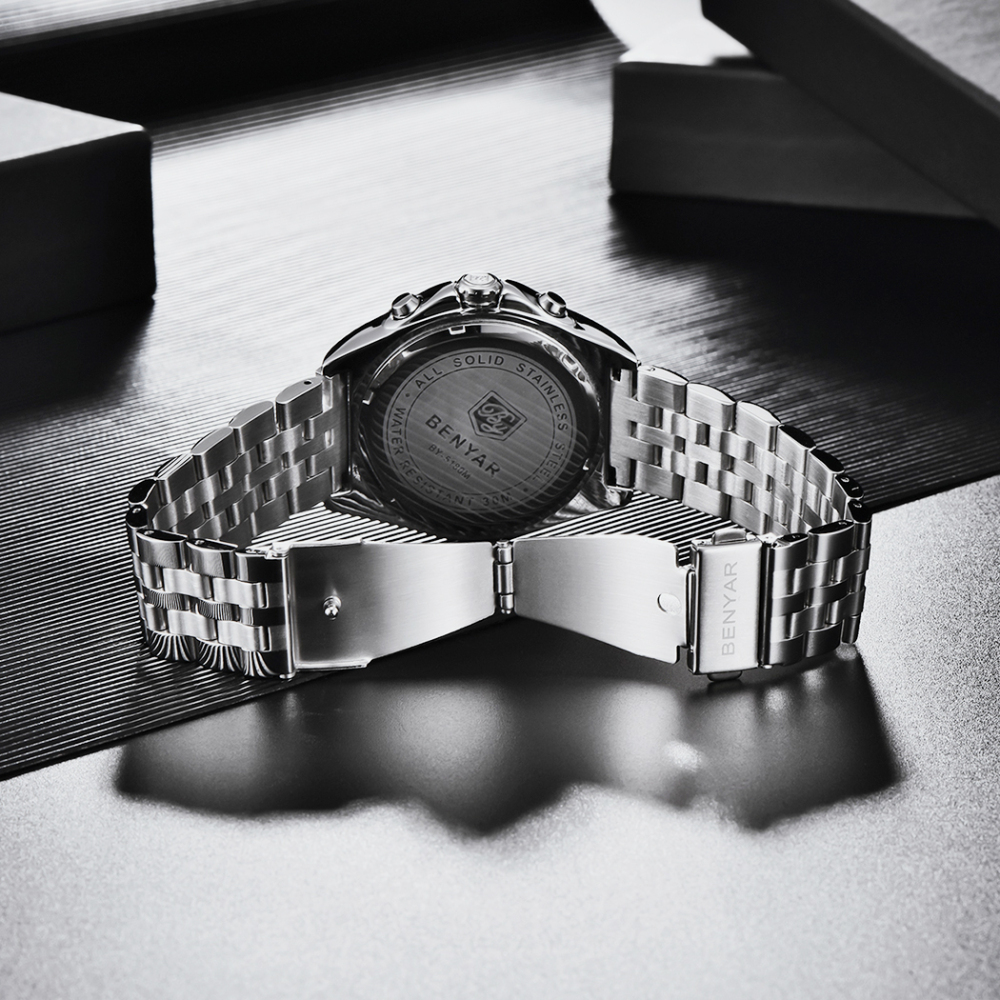 BENAYR New Men's Watches Stainless Steel Waterproof Business Wrist Watches for Men Chronograph Auto Date Wristwatch