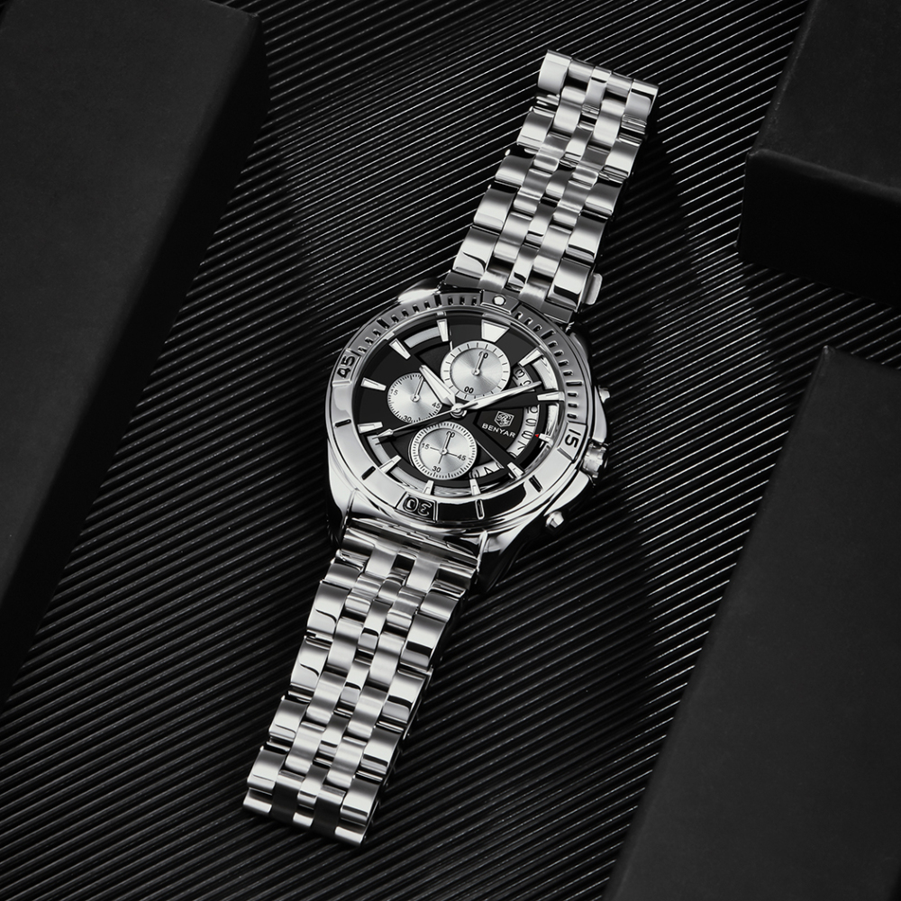 BENAYR New Men's Watches Stainless Steel Waterproof Business Wrist Watches for Men Chronograph Auto Date Wristwatch