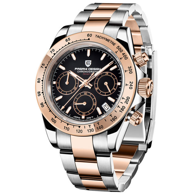 PAGANI DESIGN Rose Gold Men's Quartz Watches Chronograph Sports Wrist Watch with Seiko VK63 Movement Sapphire Glass Waterproof Stainless Steel Strap