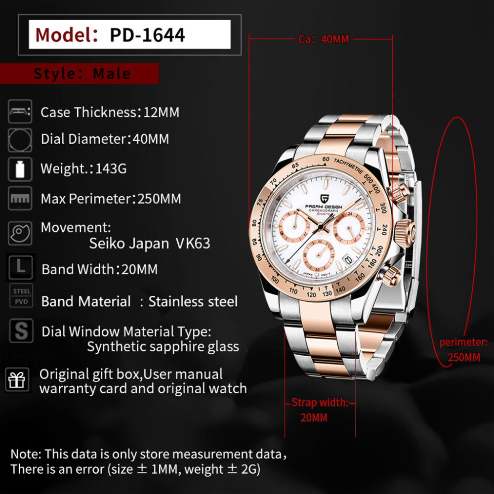 PAGANI DESIGN PD-1644 Rose Gold Men's Quartz Watches Chronograph Sports Wrist Watch with VK63 Movement Sapphire Glass Waterproof Stainless Steel Strap