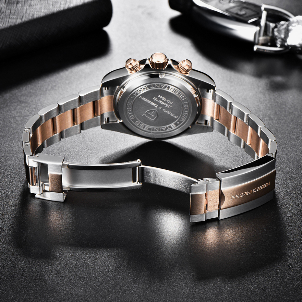 PAGANI DESIGN PD-1644 Rose Gold Men's Quartz Watches Chronograph Sports Wrist Watch with VK63 Movement Sapphire Glass Waterproof Stainless Steel Strap