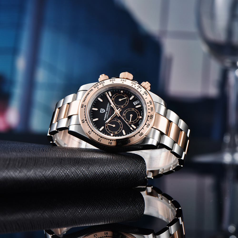 PAGANI DESIGN PD-1644 Rose Gold Men's Quartz Watches Chronograph Sports Wrist Watch with VK63 Movement Sapphire Glass Waterproof Stainless Steel Strap