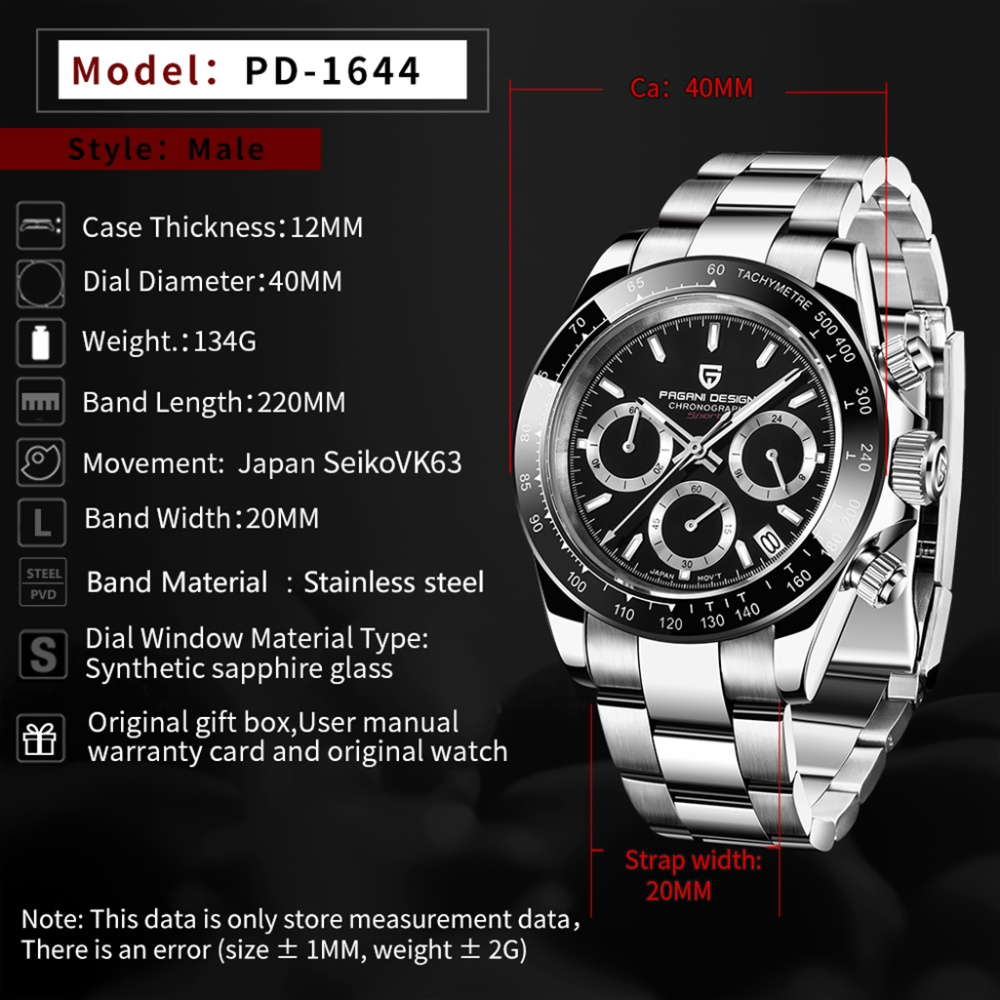PAGANI DESIGN PD-1644 Men's Quartz Watches Sports Chronograph  Wrist Watch with VK63 Movement Sapphire Ceramic Bezel Waterproof Stainless Steel Strap