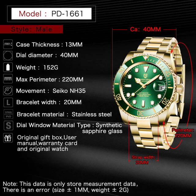 PAGANI DESIGN 40mm Automatic Men's Watches Full Gold Stainless Steel Mechanical Wrist Watch for Men Submarine Homage Watches 1661