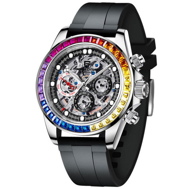 PAGANI DESIGN Men's Skeleton Automatic Watches Daytona Homage Stainless Steel Waterproof Wrist Watch with Sapphire Glass Rainbow Bezel