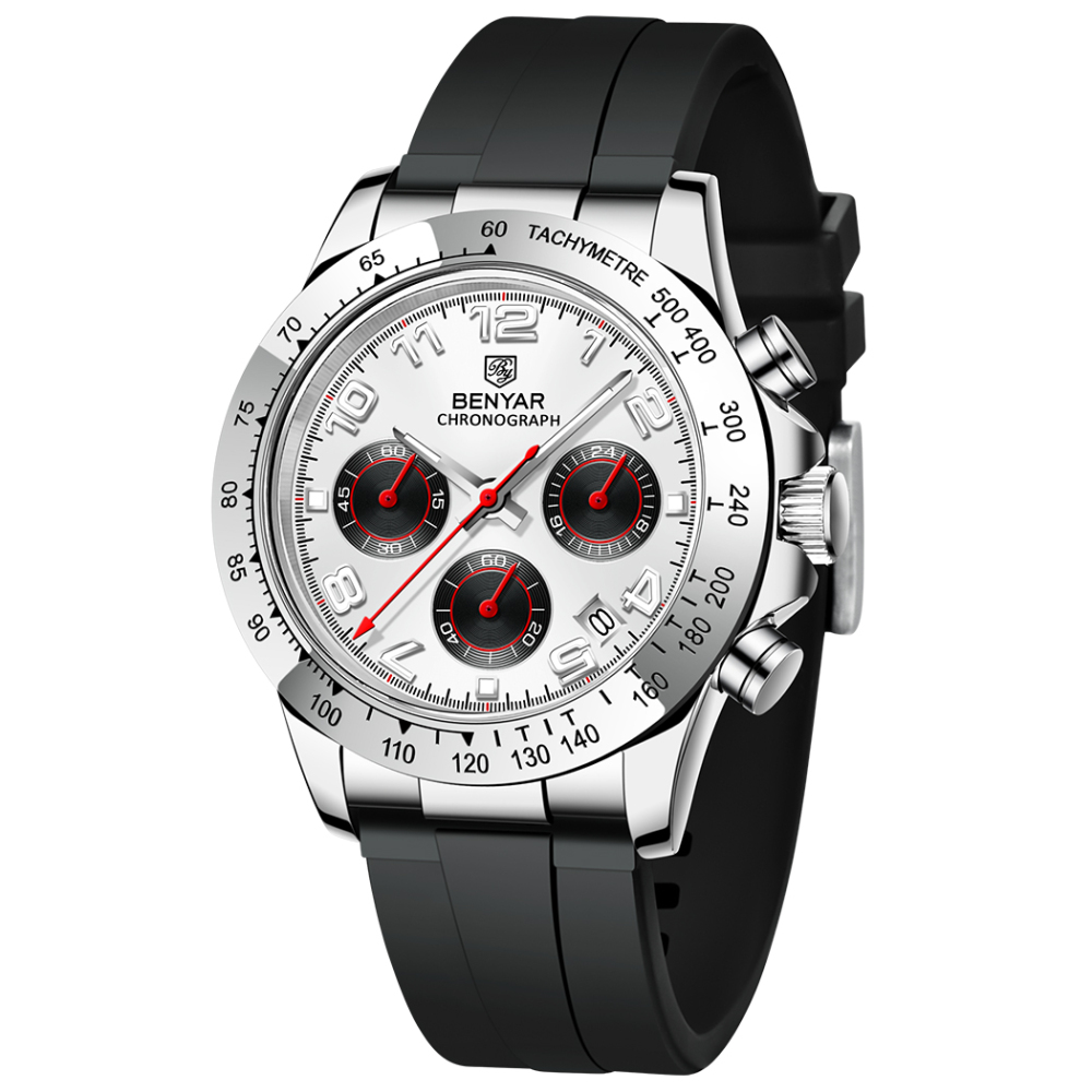 BENYAR BY-5192 Quartz Men's Watches Chronograph Alloy Silicone Business Wrist Watch for Men Waterproof Wristwatch Auto Date