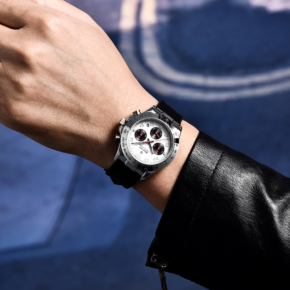 BENYAR BY-5192 Quartz Men's Watches Chronograph Alloy Silicone Business Wrist Watch for Men Waterproof Wristwatch Auto Date