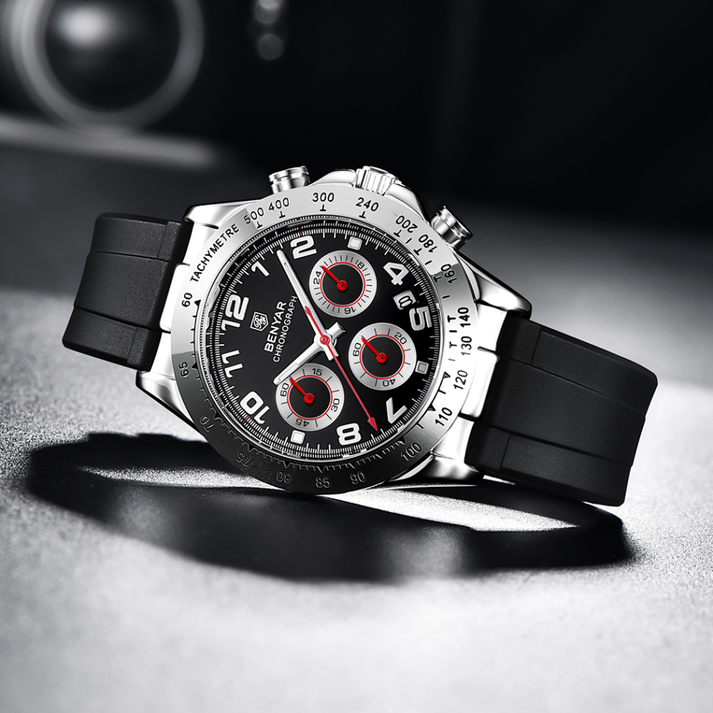 BENYAR BY-5192 Quartz Men's Watches Chronograph Alloy Silicone Business Wrist Watch for Men Waterproof Wristwatch Auto Date