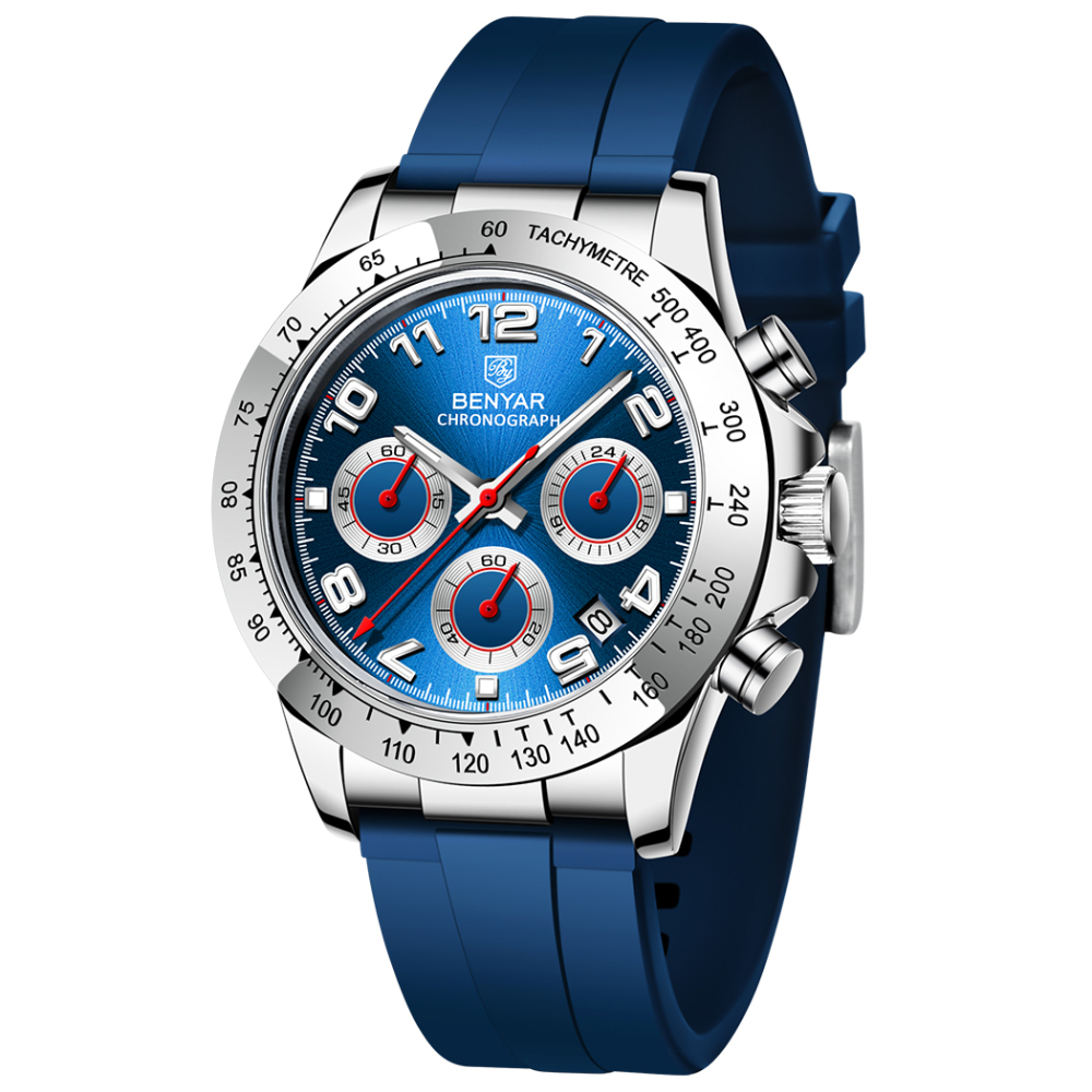 BENYAR BY-5192 Quartz Men's Watches Chronograph Alloy Silicone Business Wrist Watch for Men Waterproof Wristwatch Auto Date