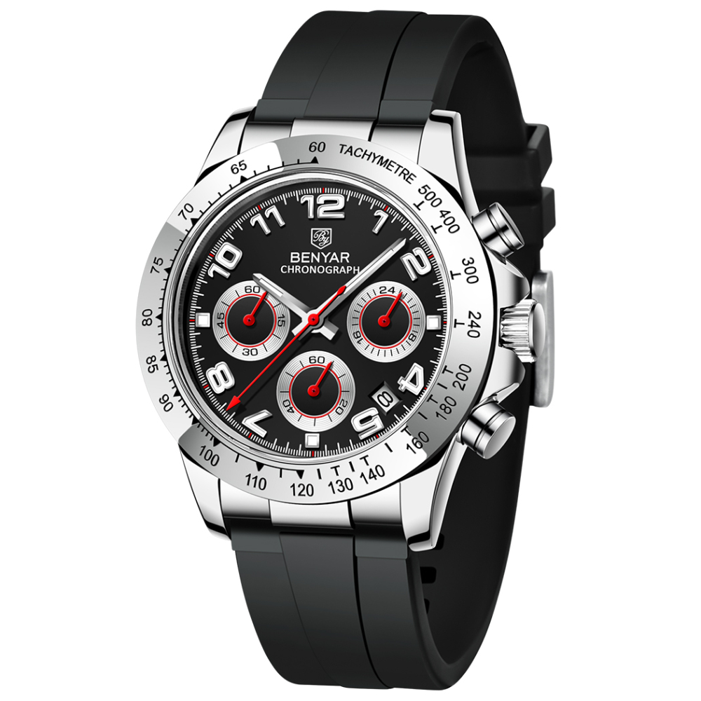 BENYAR BY-5192 Quartz Men's Watches Chronograph Alloy Silicone Business Wrist Watch for Men Waterproof Wristwatch Auto Date