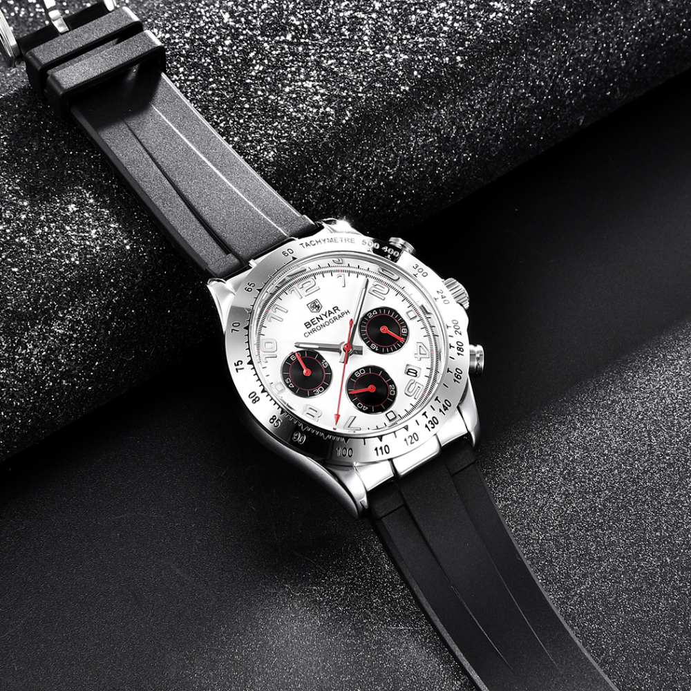 BENYAR BY-5192 Quartz Men's Watches Chronograph Alloy Silicone Business Wrist Watch for Men Waterproof Wristwatch Auto Date