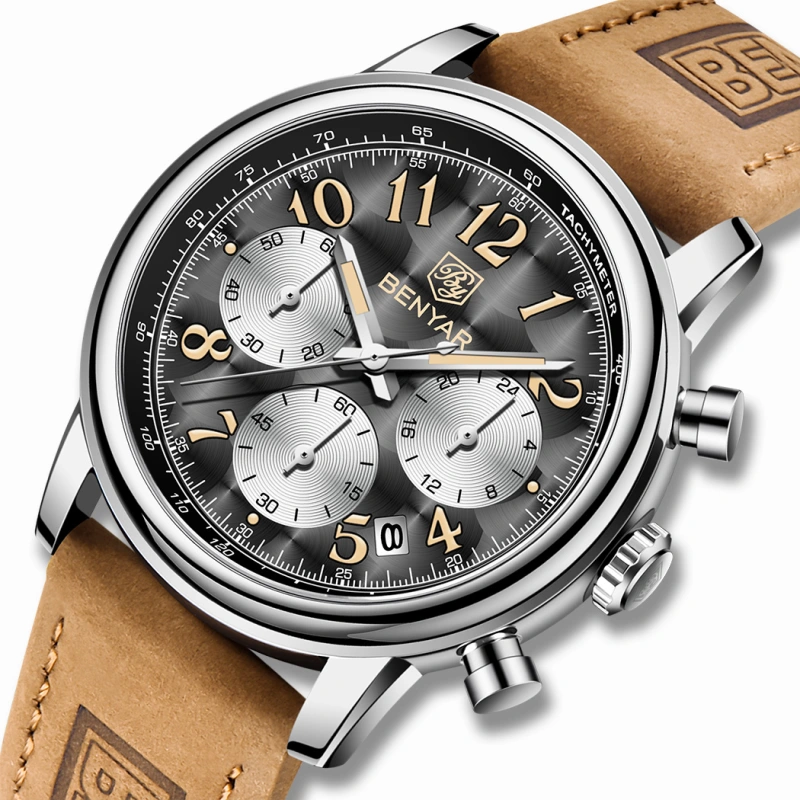 BENYAR New Quartz Men's Watches Brown Leather Watchband Chronograph Business Wrist Watches for Men Auto Date Clock Waterproof Wristwatches