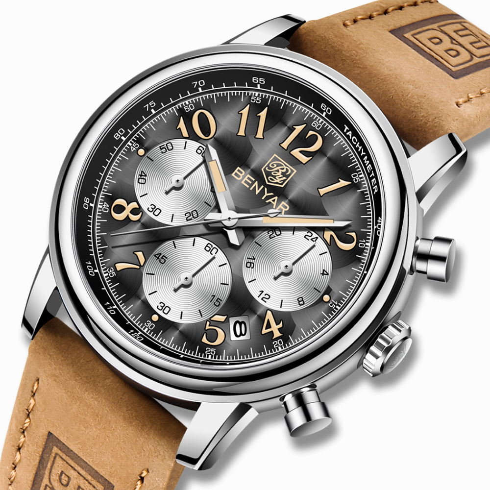 BENYAR New Quartz Men's Watches Brown Leather Watchband Chronograph Business Wrist Watches for Men Auto Date Clock Waterproof Wristwatches