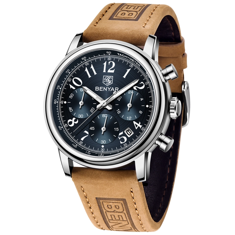 BENYAR New Quartz Men's Watches Brown Leather Watchband Chronograph Business Wrist Watches for Men Auto Date Clock Waterproof Wristwatches