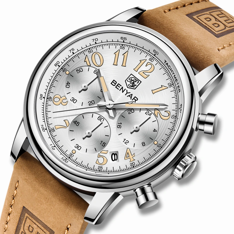 BENYAR New Quartz Men's Watches Brown Leather Watchband Chronograph Business Wrist Watches for Men Auto Date Clock Waterproof Wristwatches