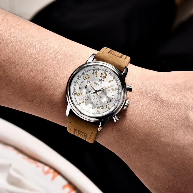 BENYAR New Quartz Men's Watches Brown Leather Watchband Chronograph Business Wrist Watches for Men Auto Date Clock Waterproof Wristwatches
