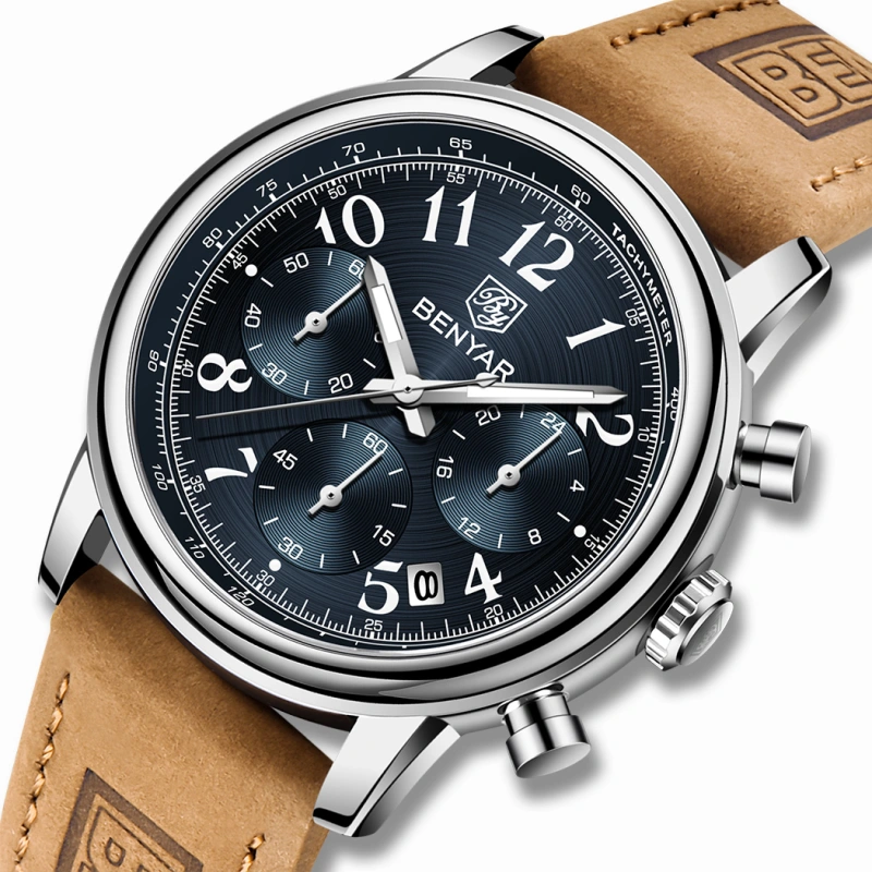 BENYAR New Quartz Men's Watches Brown Leather Watchband Chronograph Business Wrist Watches for Men Auto Date Clock Waterproof Wristwatches