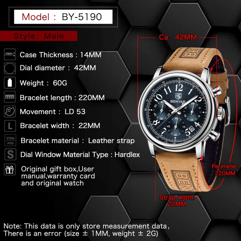 BENYAR New Quartz Men's Watches Brown Leather Watchband Chronograph Business Wrist Watches for Men Auto Date Clock Waterproof Wristwatches