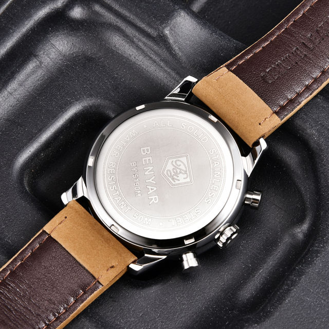 BENYAR New Quartz Men's Watches Brown Leather Watchband Chronograph Business Wrist Watches for Men Auto Date Clock Waterproof Wristwatches