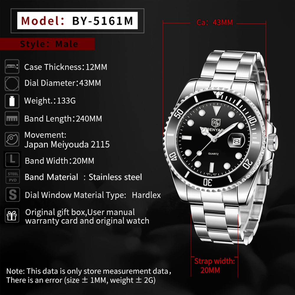 BENYAR Men's Quartz Watches Waterproof SUB Homage Business Wrist Watch for Men Stainless Steel Luxury Sports Wristwatch